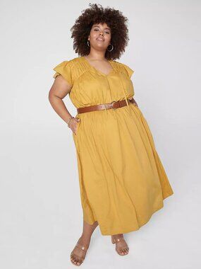 Lane Bryant Mustard Yellow Flutter Sleeve Midi Length Dress Size 18 Women's